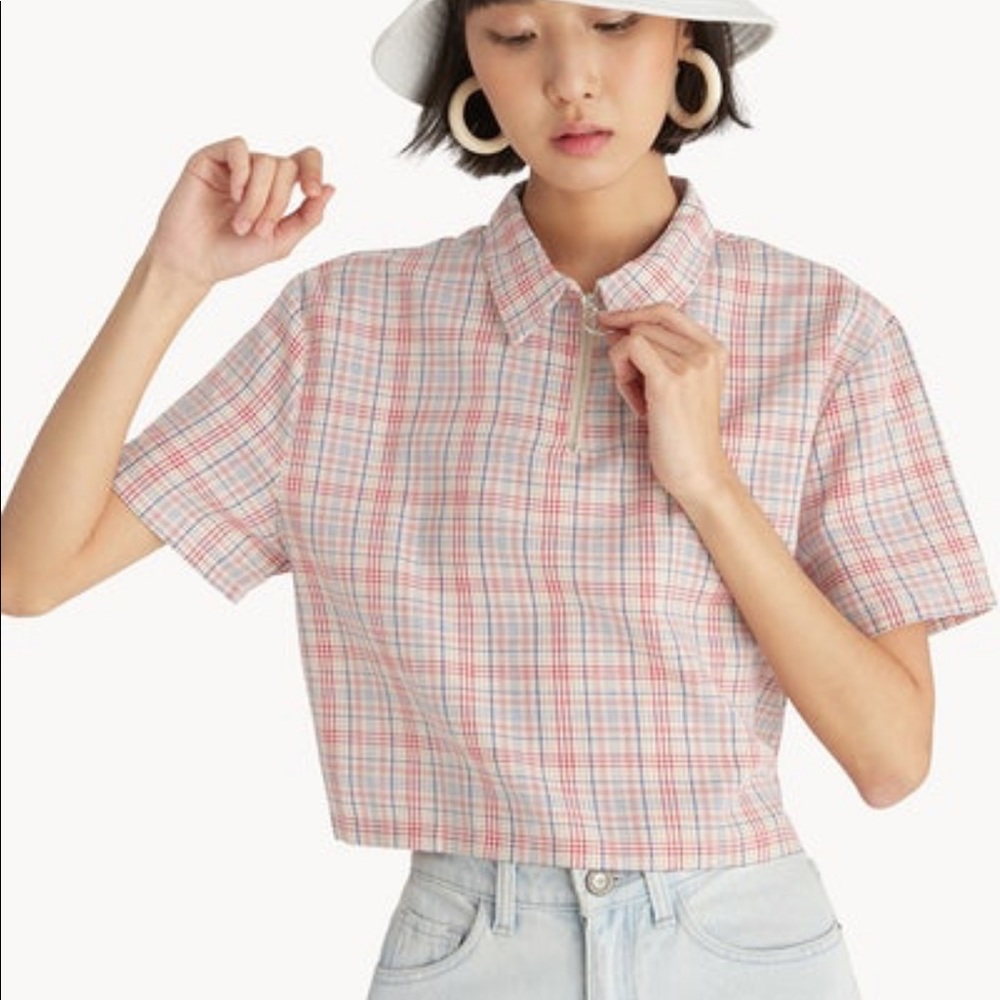 Plaid zip front top
